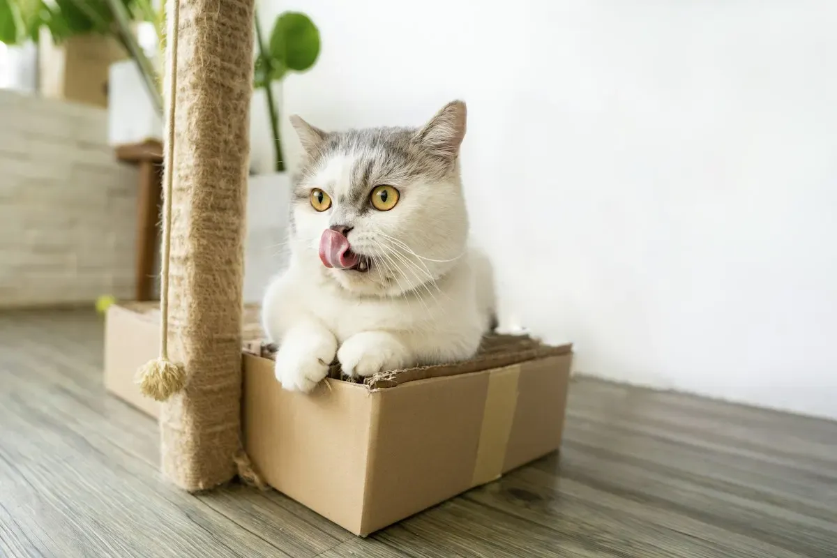 A grey and white shorthair cat lying in a cardboard box beside a sisal scratching post, licking its nose